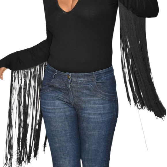 ASOS Fringe Bodysuit Black Plunge V Neck Long Sleeve Stretch Statement Blouse 6 - Picture 8 of 13
